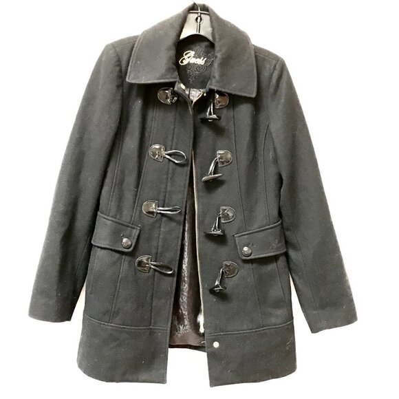 Guess Coat Peacoat Black Size Small Jacket Horn Clasps Toggle Warm EUC - Picture 1 of 8